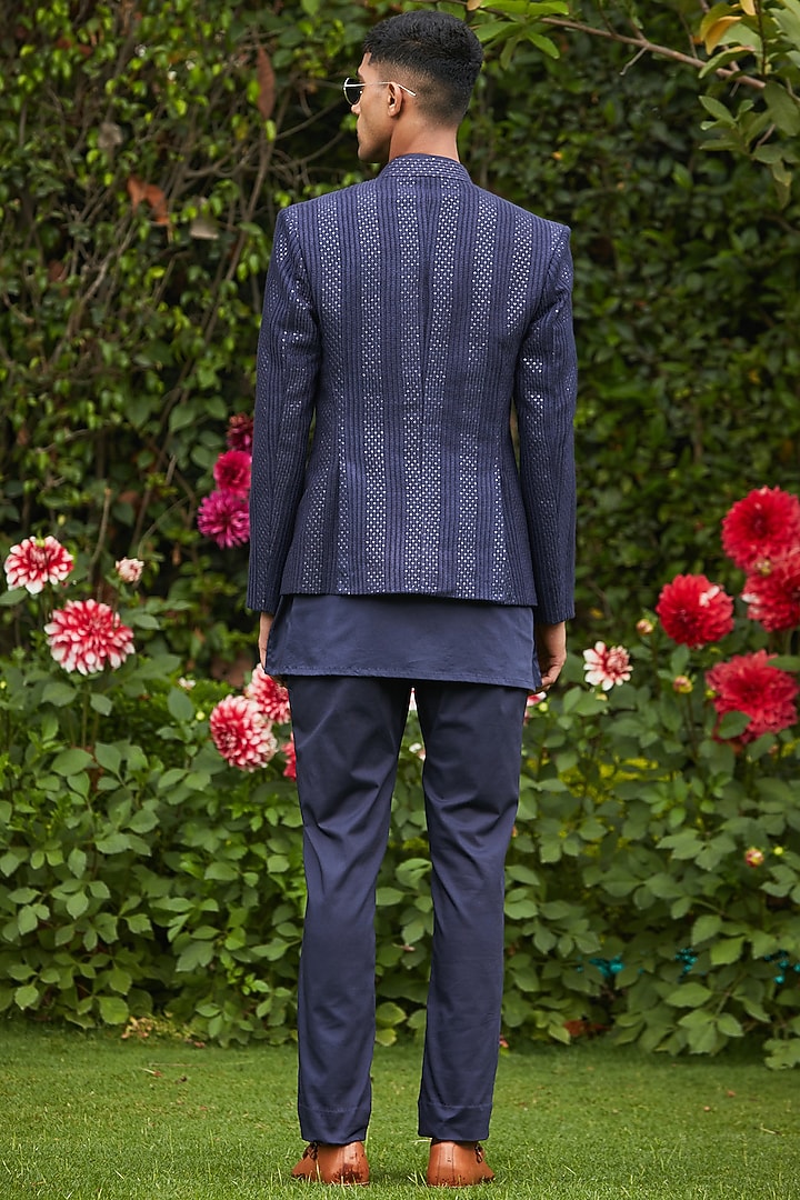 Navy Blue Georgette Embroidered Wedding Indowestern Set by Bohame Men at Pernia's Pop Up Shop