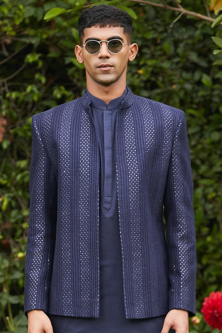 Navy Blue Georgette Embroidered Wedding Indowestern Set by Bohame Men at Pernia's Pop Up Shop