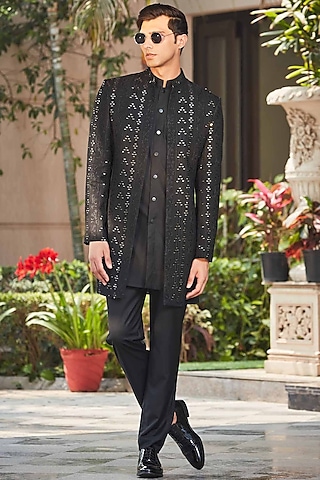 Black Georgette Embroidered Indo-Western Set by Bohame Men