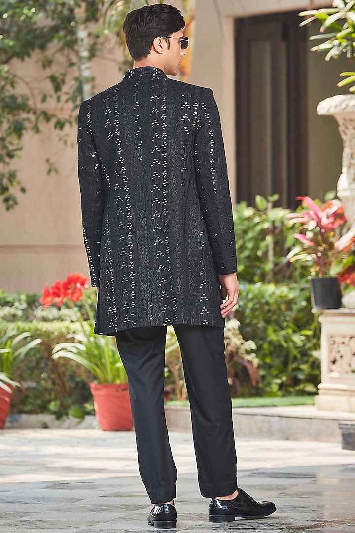 Black Georgette Embroidered Indo-Western Set by Bohame Men at Pernia's Pop Up Shop
