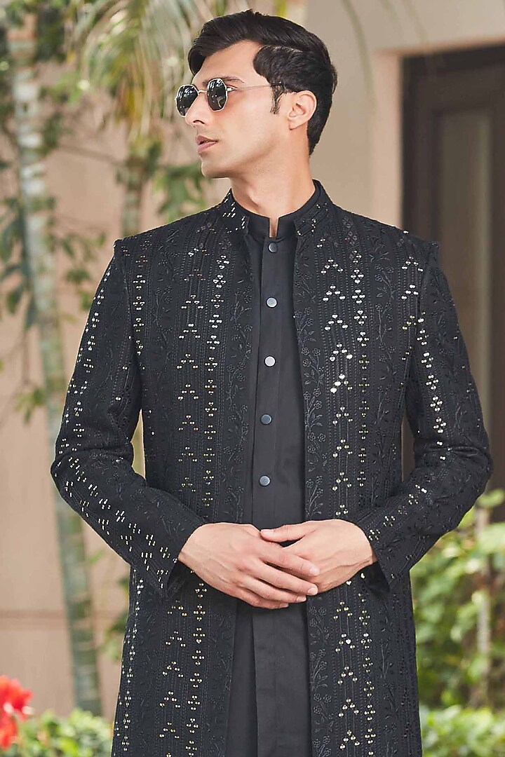 Black Georgette Embroidered Indo-Western Set by Bohame Men at Pernia's Pop Up Shop