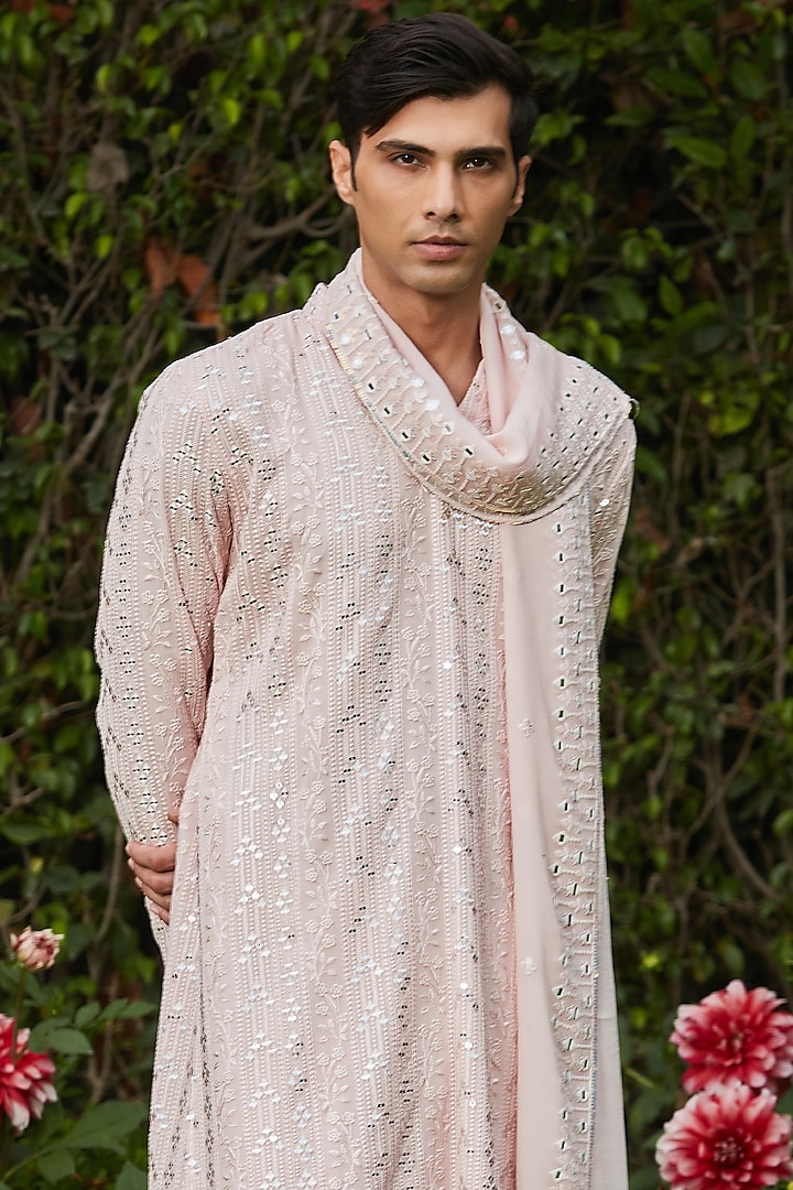 Light Pink Georgette Embroidered Kurta Set by Bohame Men at Pernia's Pop Up Shop