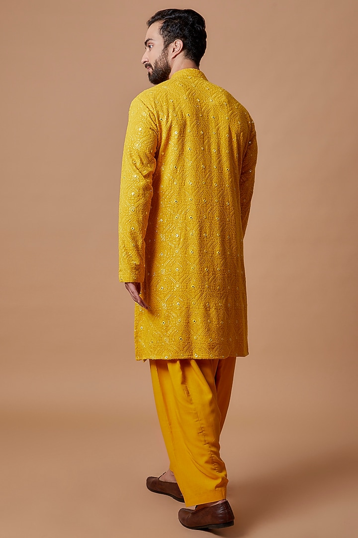 Mustard Georgette Embroidered Kurta Set by Bohame Men at Pernia's Pop Up Shop