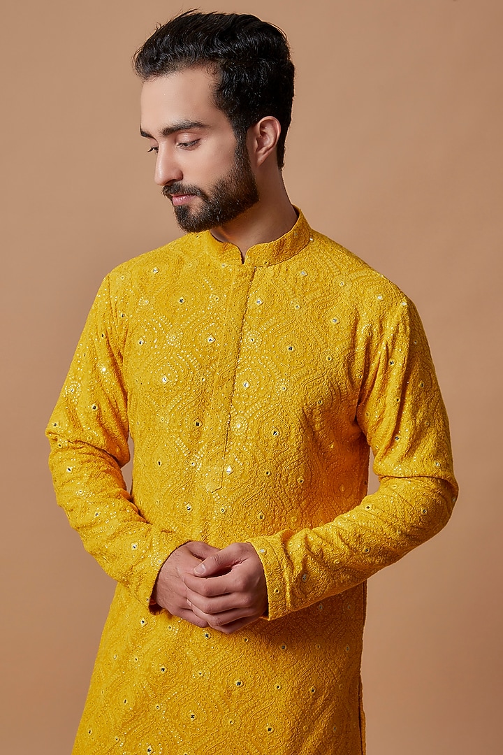 Mustard Georgette Embroidered Kurta Set by Bohame Men at Pernia's Pop Up Shop