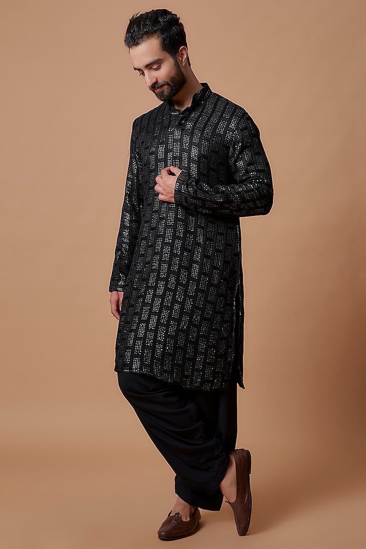 Black Georgette Embroidered Kurta Set by Bohame Men at Pernia's Pop Up Shop