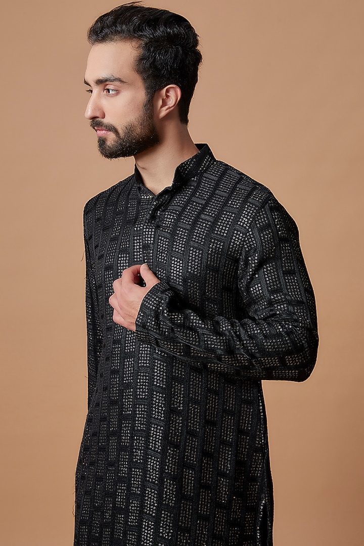 Black Georgette Embroidered Kurta Set by Bohame Men at Pernia's Pop Up Shop