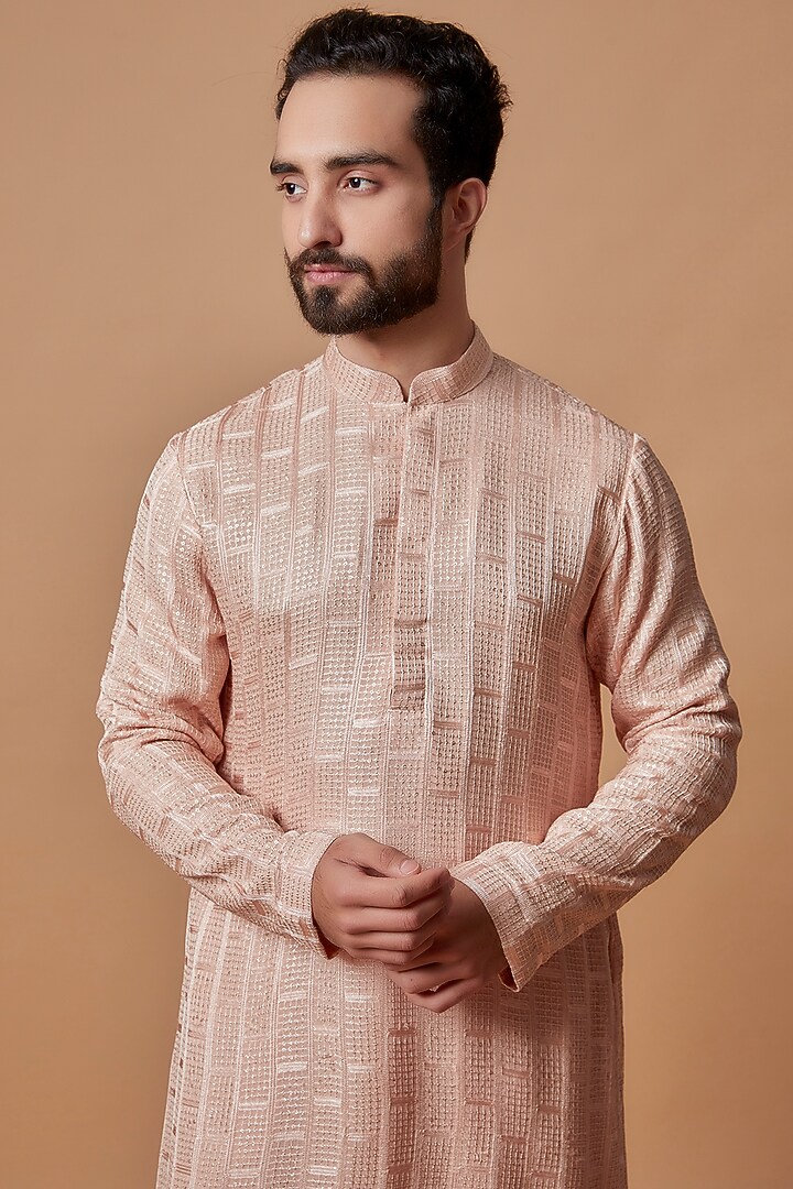 Rose Gold Georgette Chikankari Embroidered Kurta Set by Bohame Men at Pernia's Pop Up Shop