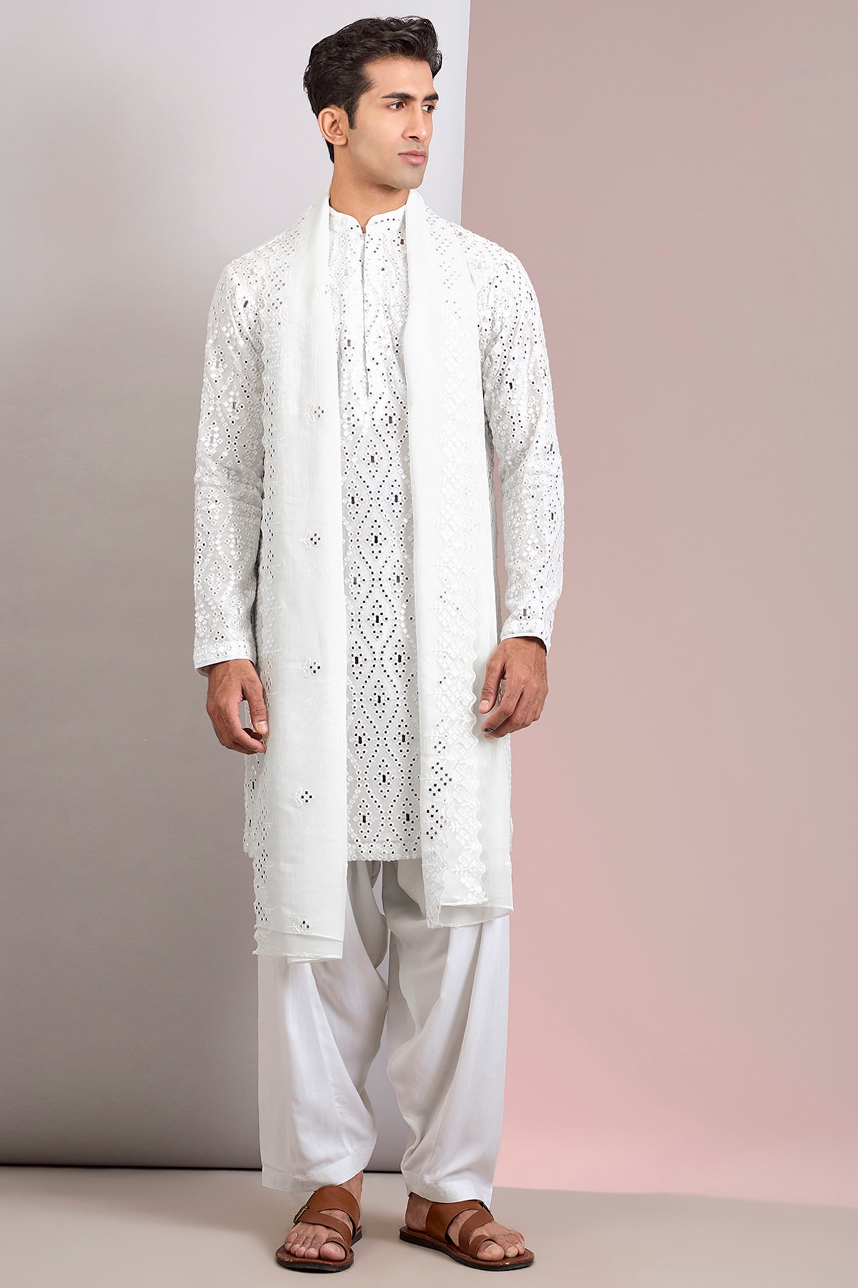 Bohame Off-White Georgette & Tussar Chikankari Embroidered Kurta Set