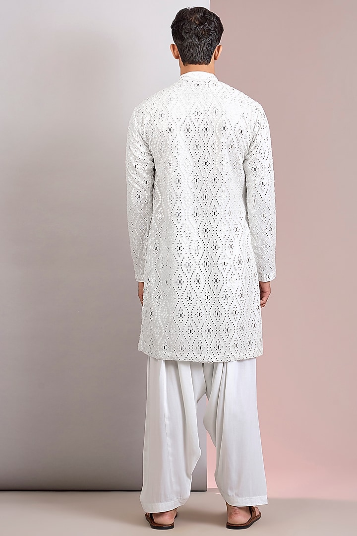 Off-White Georgette & Tussar Chikankari Embroidered Kurta Set by Bohame Men at Pernia's Pop Up Shop