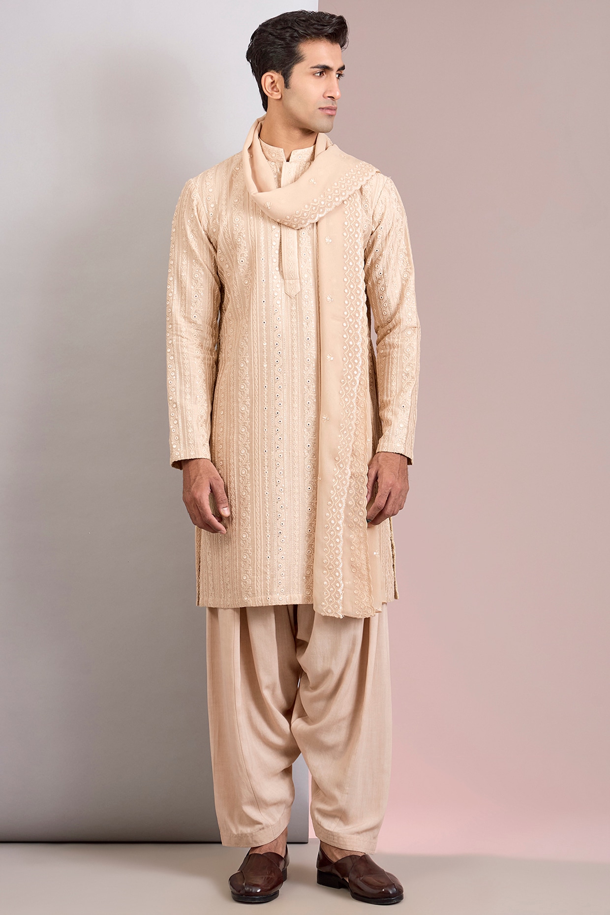 Bohame Beige Georgette Chikankari Embroidered Kurta Set