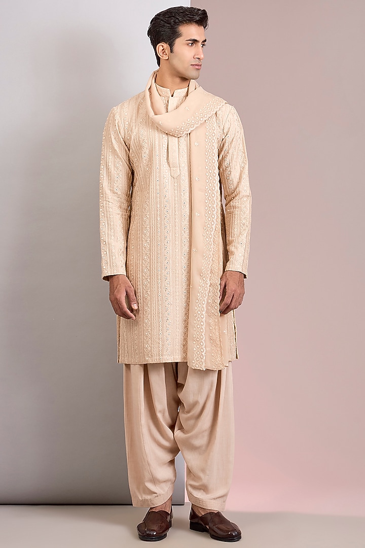 Beige Georgette Chikankari Embroidered Kurta Set by Bohame Men at Pernia's Pop Up Shop