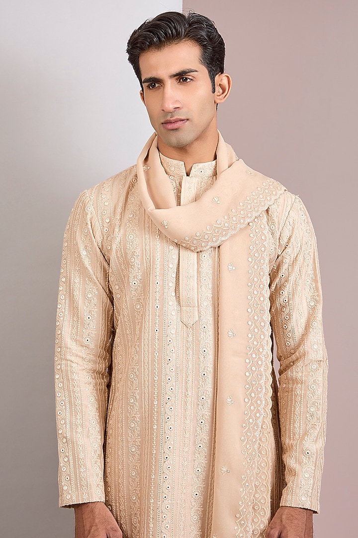 Beige Georgette Chikankari Embroidered Kurta Set by Bohame Men at Pernia's Pop Up Shop