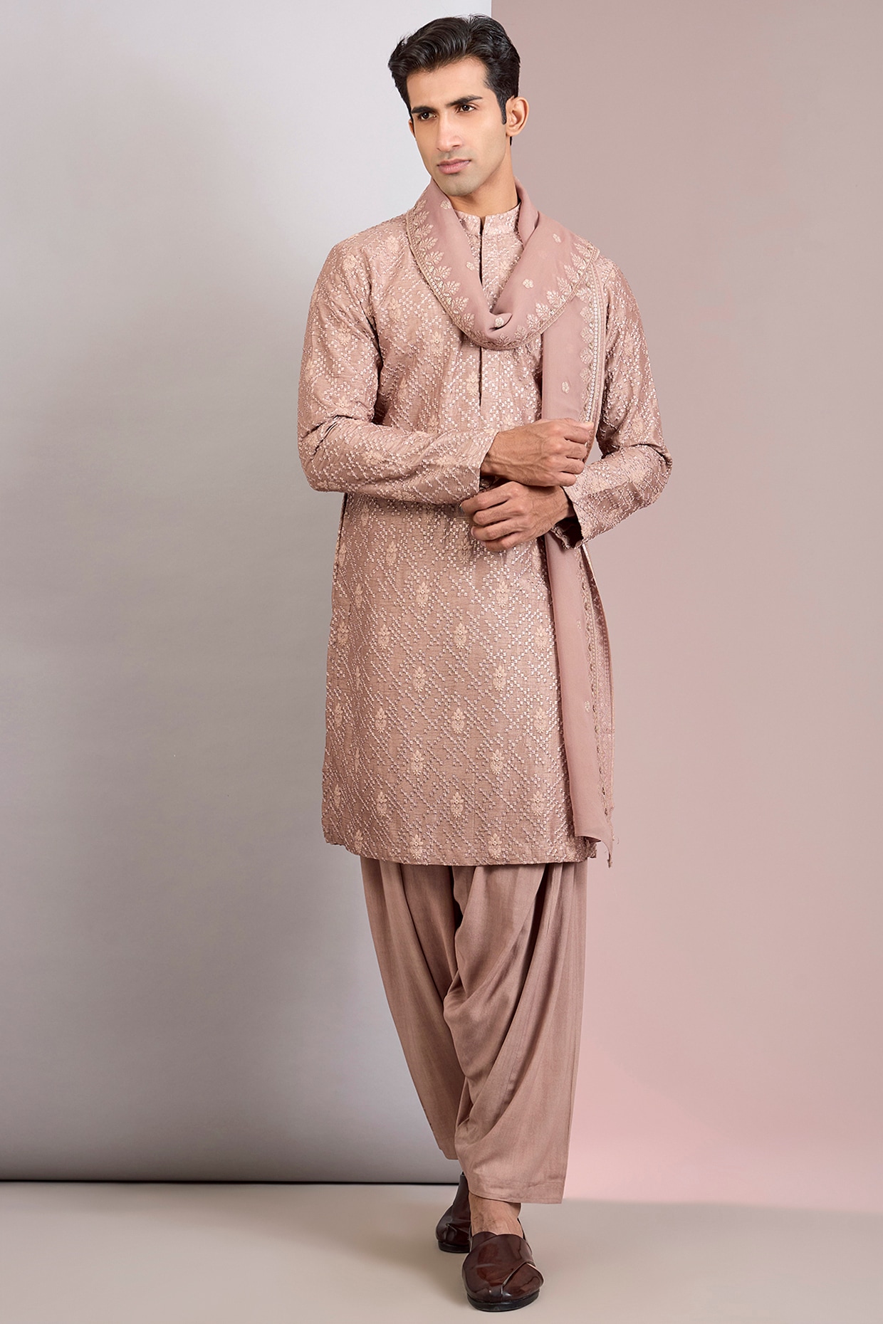 Bohame Rose Gold Georgette Chikankari Embroidered Kurta Set