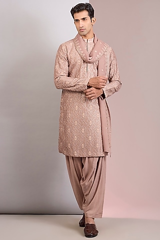 Rose Gold Georgette Chikankari Embroidered Kurta Set by Bohame Men
