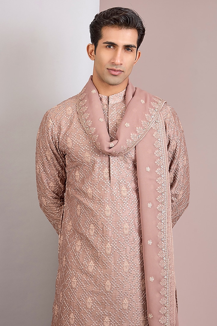 Rose Gold Georgette Chikankari Embroidered Kurta Set by Bohame Men at Pernia's Pop Up Shop