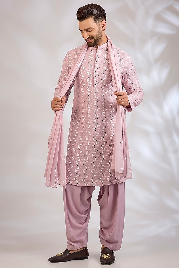 Lilac Chanderi & Cotton Kurta Set by Bohame Men at Pernia's Pop Up Shop