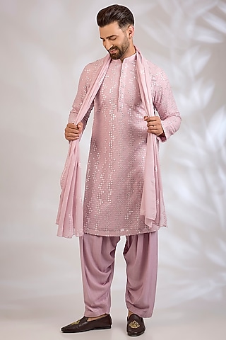 Lilac Chanderi & Cotton Kurta Set by Bohame Men