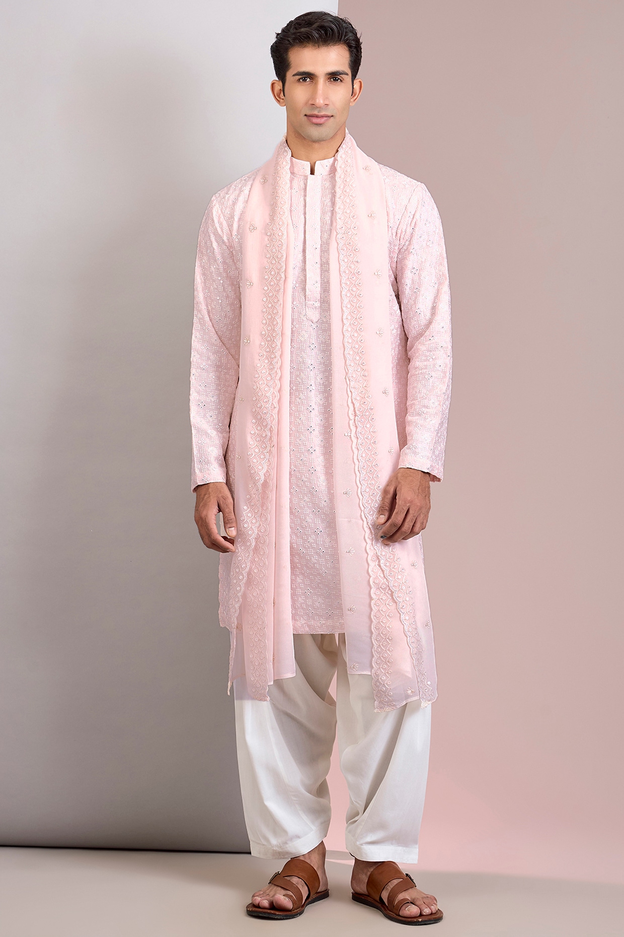 Bohame Light Pink Georgette Embroidered Kurta Set