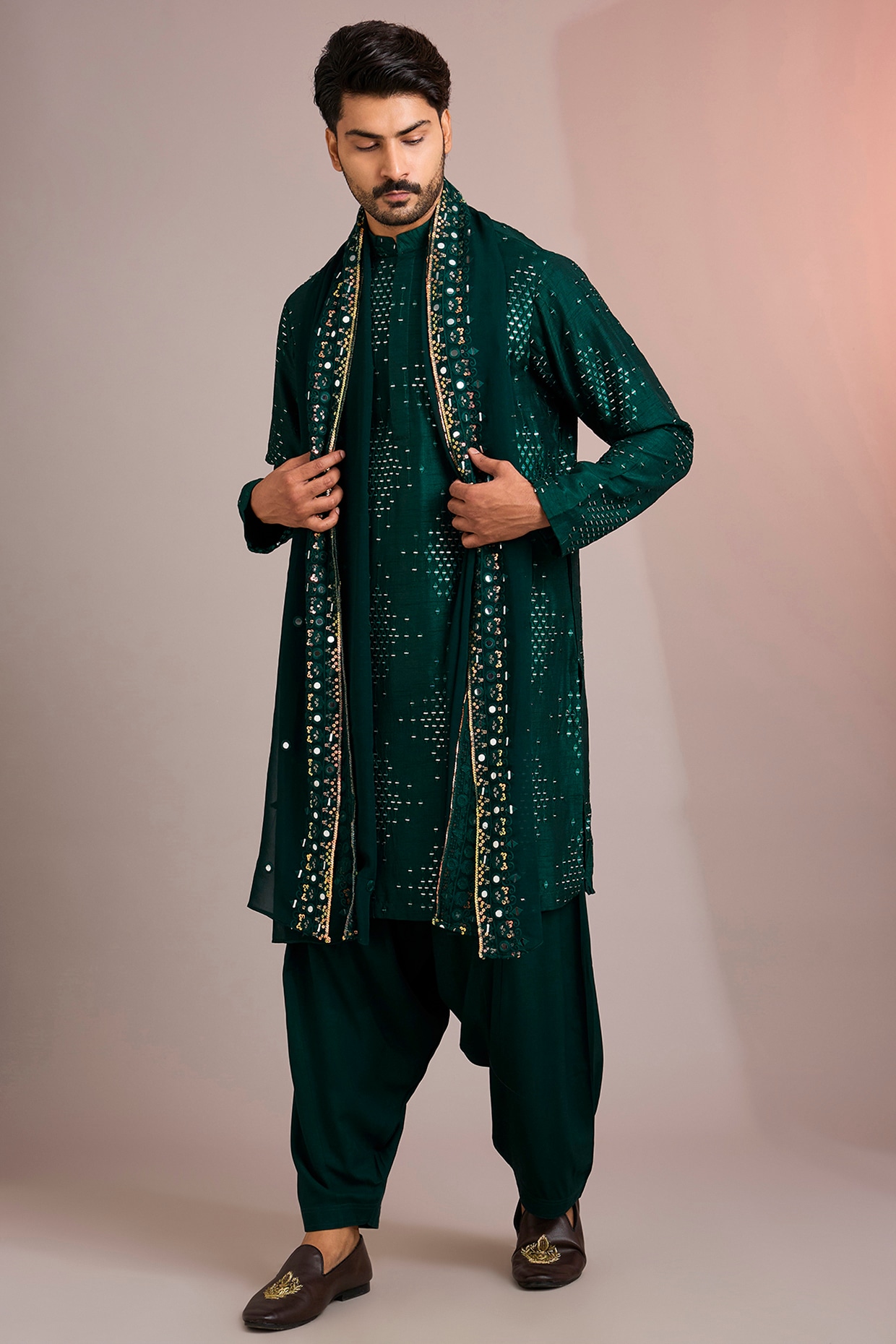 Bohame Bottle Green Silk Kurta Set