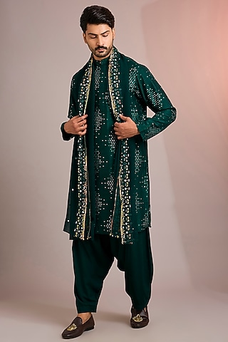 Bottle Green Silk Kurta Set by Bohame Men