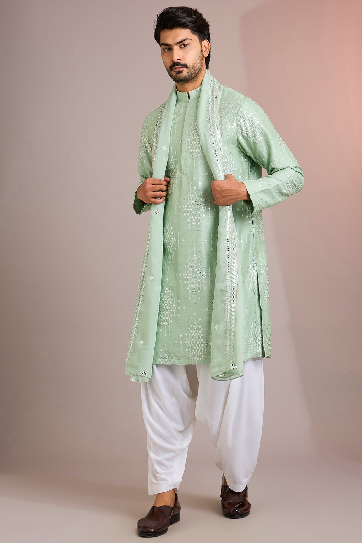 Bohame Sage Green Silk Kurta Set