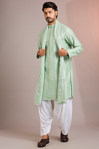 Sage Green Silk Kurta Set by Bohame Men