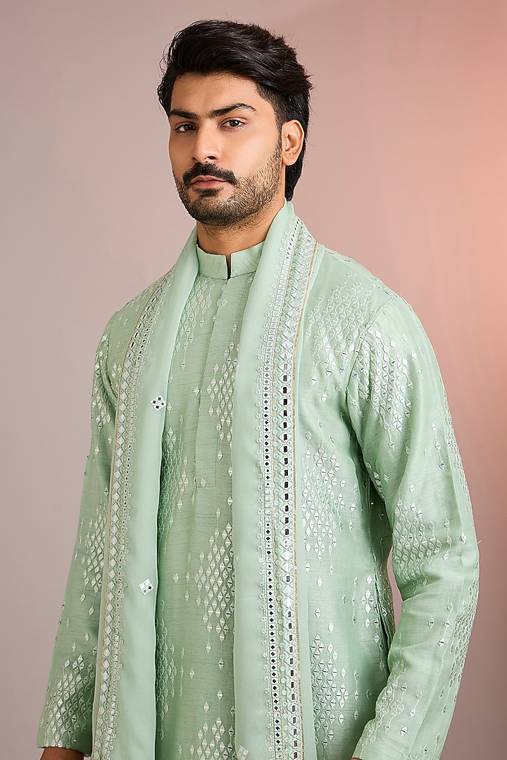 Sage Green Silk Kurta Set by Bohame Men at Pernia's Pop Up Shop