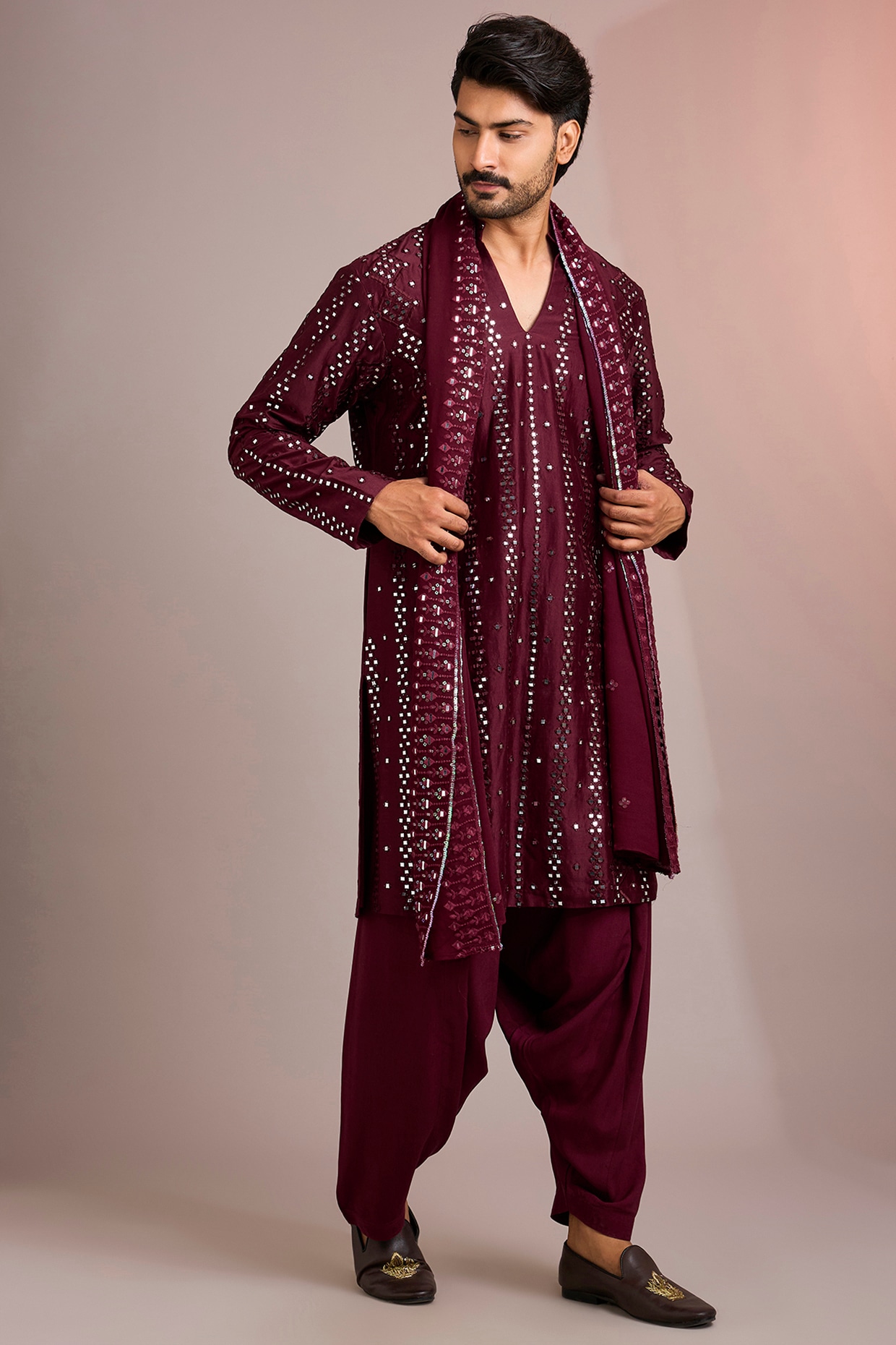 Bohame Wine Silk Kurta Set