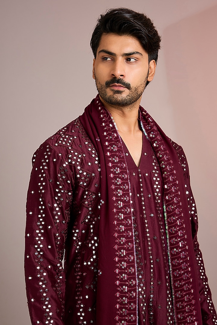 Wine Silk Kurta Set by Bohame Men at Pernia's Pop Up Shop