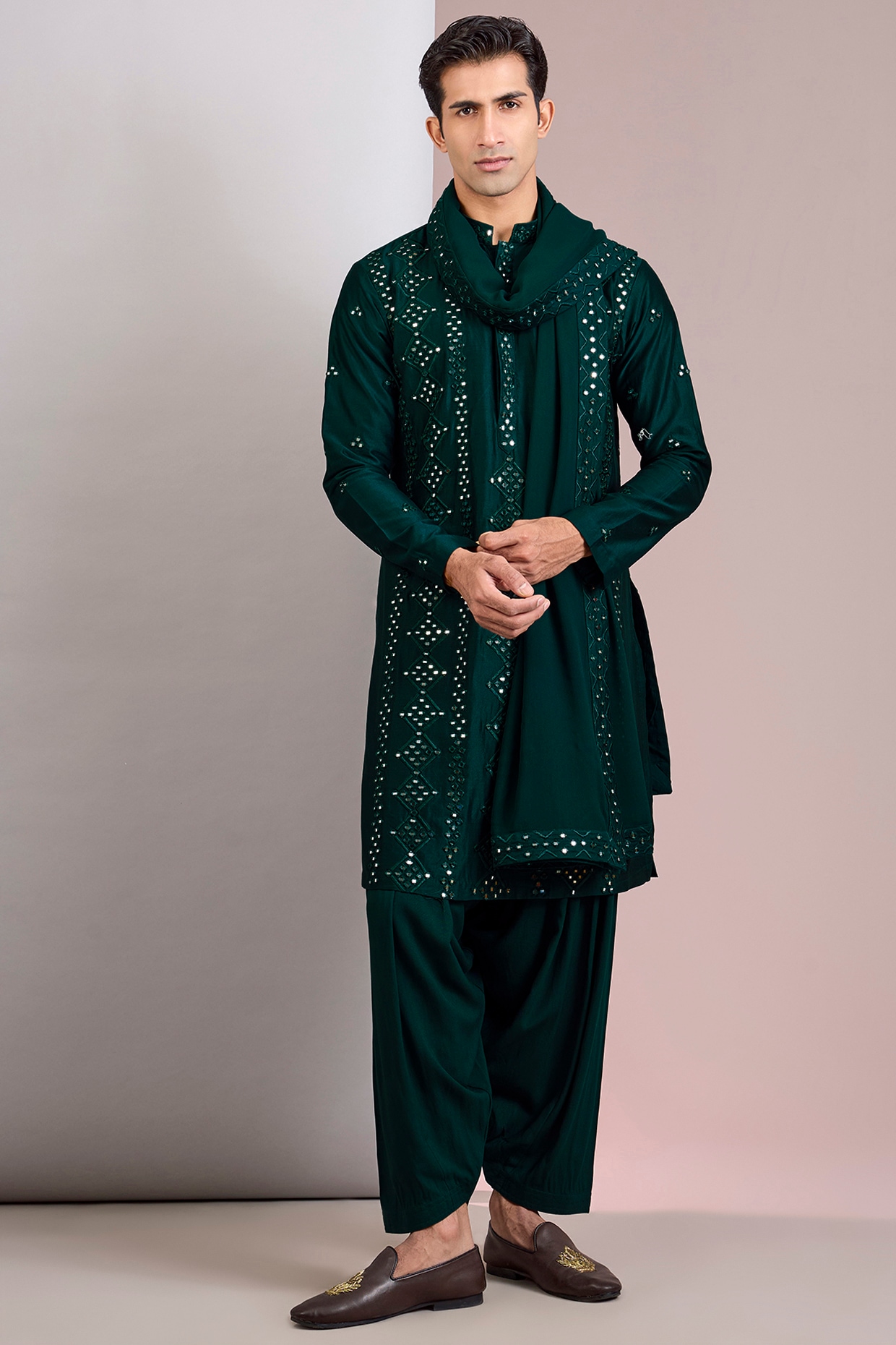 Bohame Bottle Green Georgette Chikankari Embroidered Kurta Set