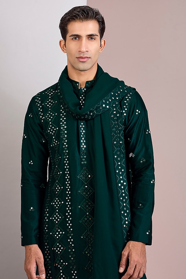 Bottle Green Georgette Chikankari Embroidered Kurta Set by Bohame Men at Pernia's Pop Up Shop