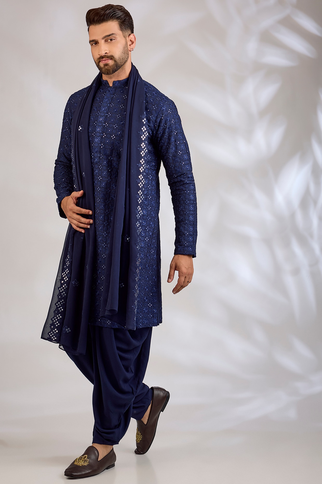 Bohame Navy Blue Georgette Chikankari Embroidered Kurta Set