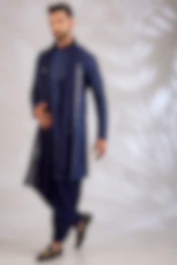 Navy Blue Georgette Chikankari Embroidered Kurta Set by Bohame Men at Pernia's Pop Up Shop