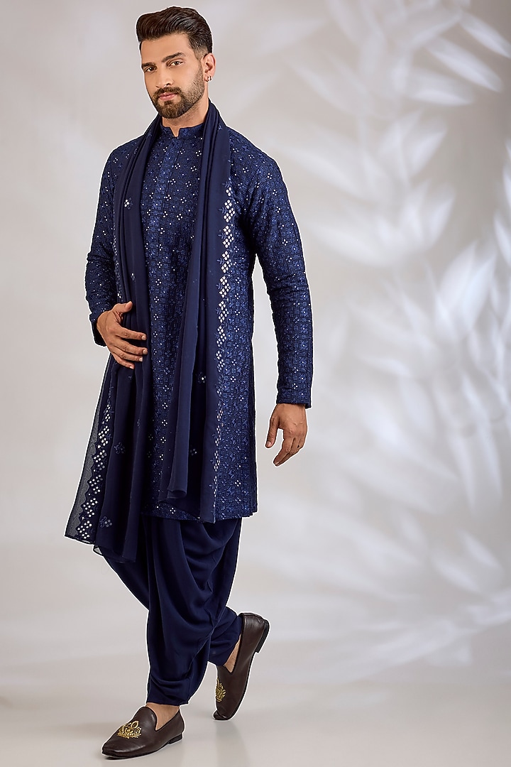 Navy Blue Georgette Chikankari Embroidered Kurta Set by Bohame Men at Pernia's Pop Up Shop
