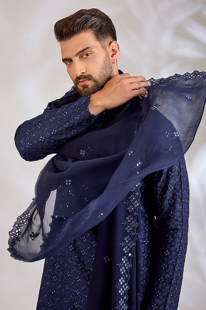 Navy Blue Georgette Chikankari Embroidered Kurta Set by Bohame Men at Pernia's Pop Up Shop
