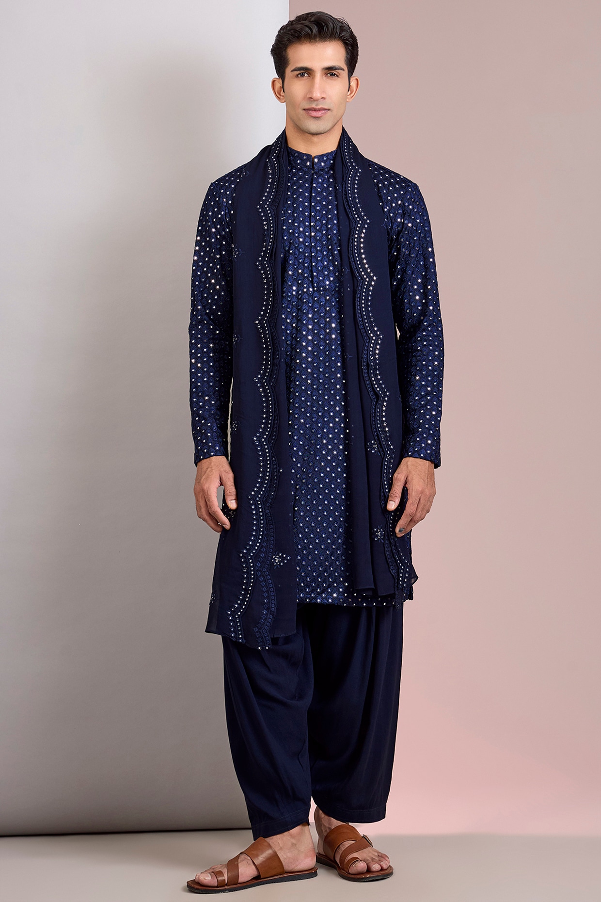 Bohame Navy Blue Georgette Embroidered Kurta Set