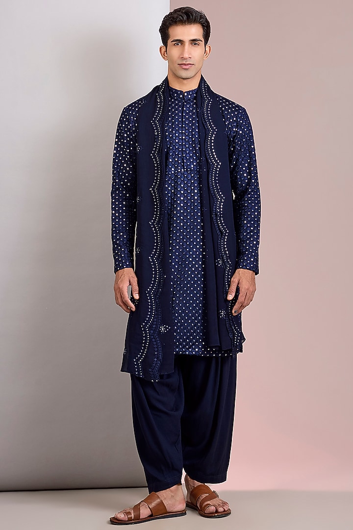 Navy Blue Georgette Embroidered Kurta Set by Bohame Men at Pernia's Pop Up Shop