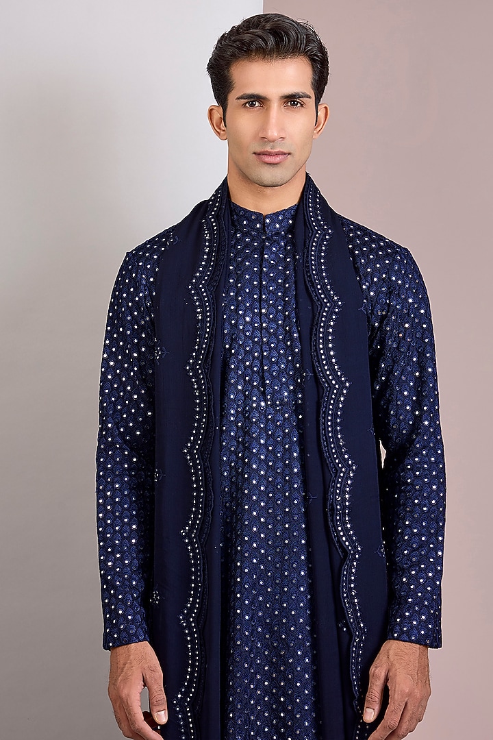 Navy Blue Georgette Embroidered Kurta Set by Bohame Men at Pernia's Pop Up Shop