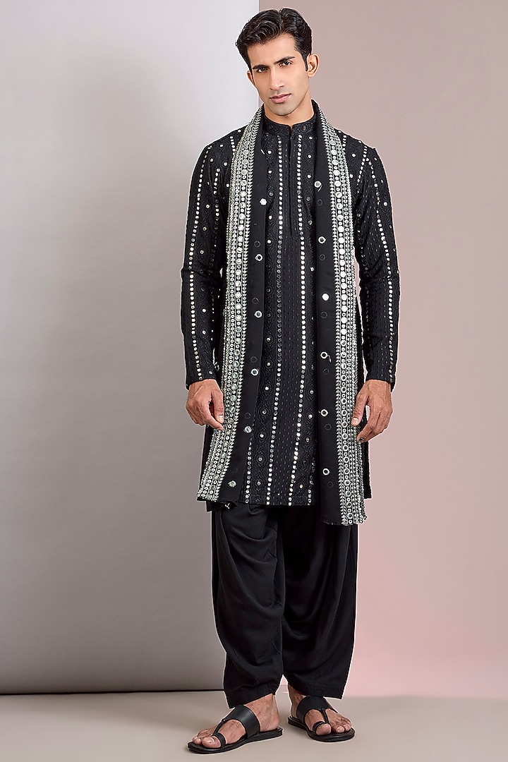 Black Georgette Chikankari Embroidered Kurta Set by Bohame Men at Pernia's Pop Up Shop