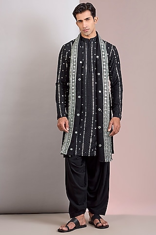 Black Georgette Chikankari Embroidered Kurta Set by Bohame Men