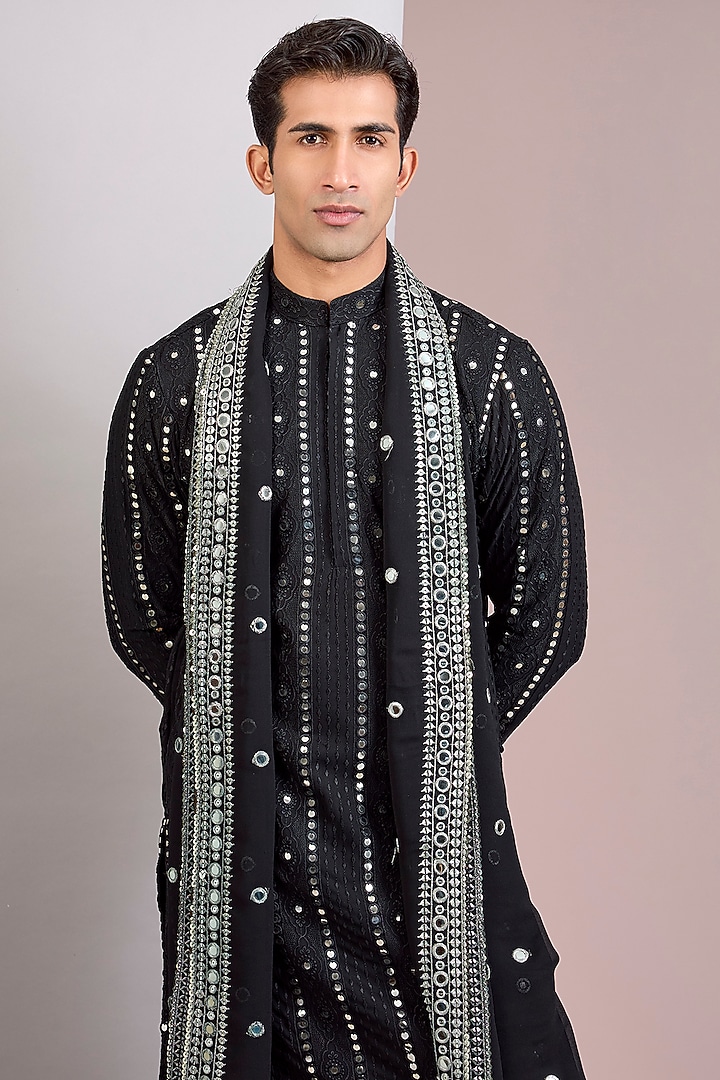 Black Georgette Chikankari Embroidered Kurta Set by Bohame Men at Pernia's Pop Up Shop