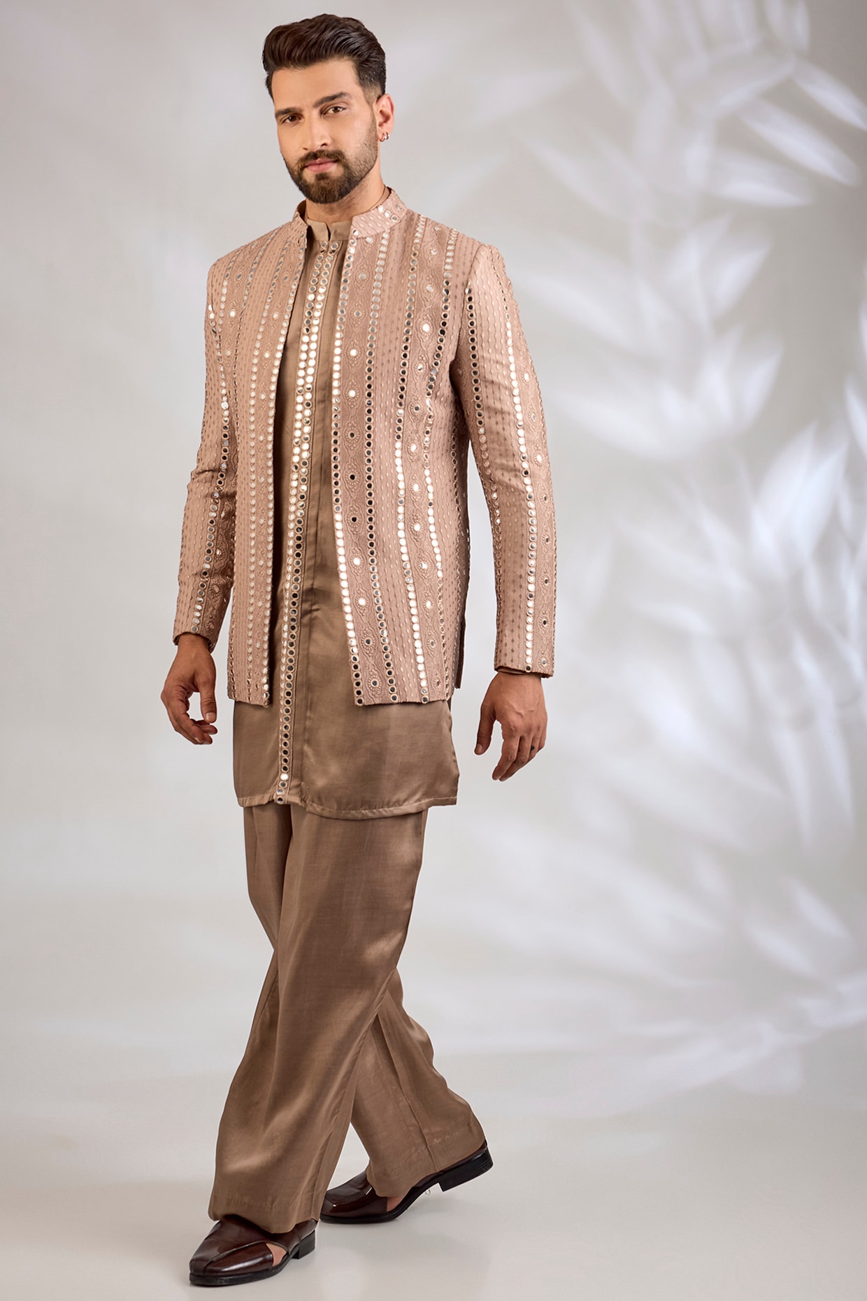 Bohame Rose Gold Georgette Chikankari Embroidered Indowestern Set