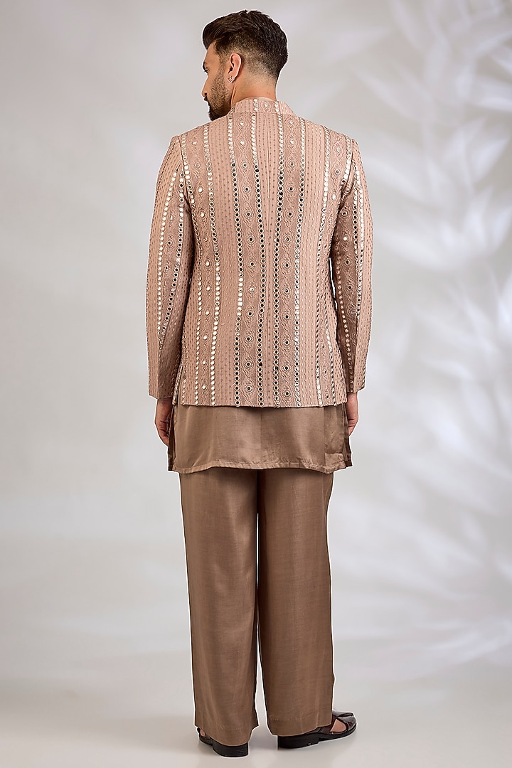 Rose Gold Georgette Chikankari Embroidered Wedding Indowestern Set by Bohame Men at Pernia's Pop Up Shop