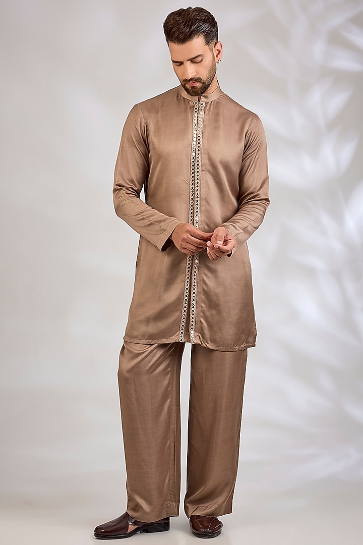 Rose Gold Georgette Chikankari Embroidered Wedding Indowestern Set by Bohame Men at Pernia's Pop Up Shop