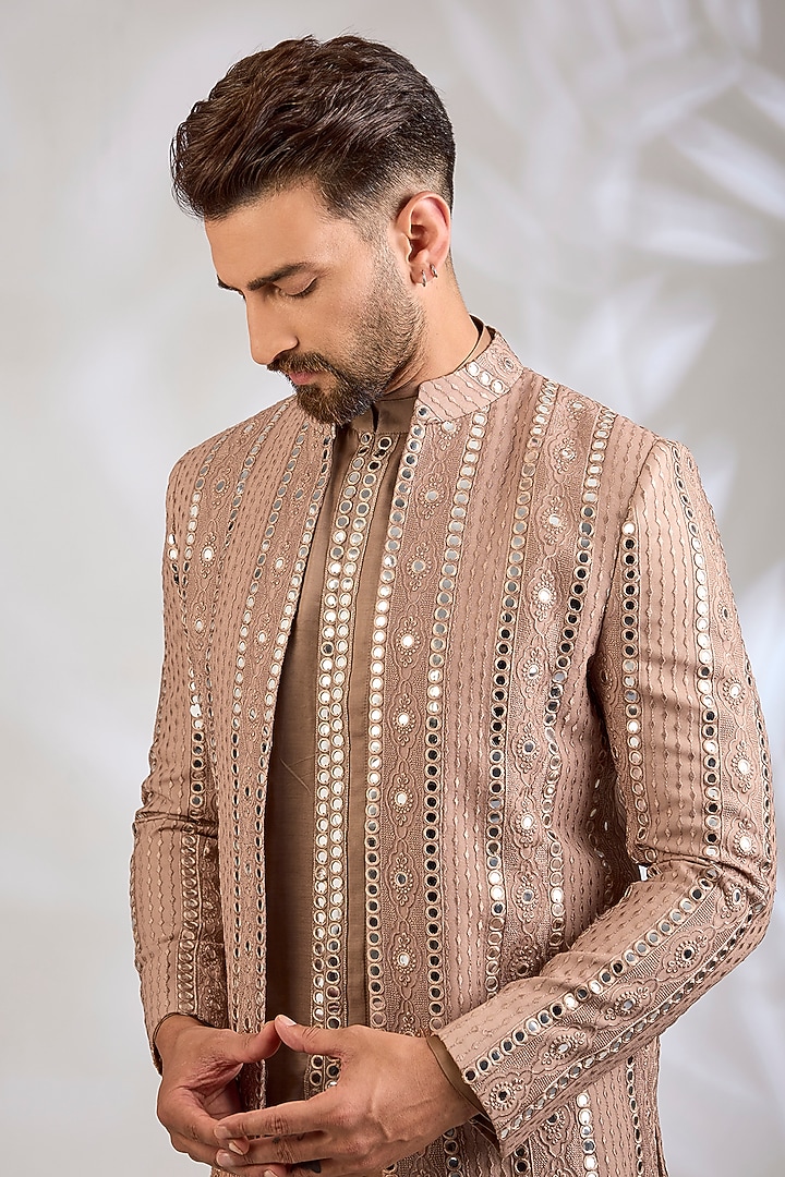 Rose Gold Georgette Chikankari Embroidered Wedding Indowestern Set by Bohame Men at Pernia's Pop Up Shop