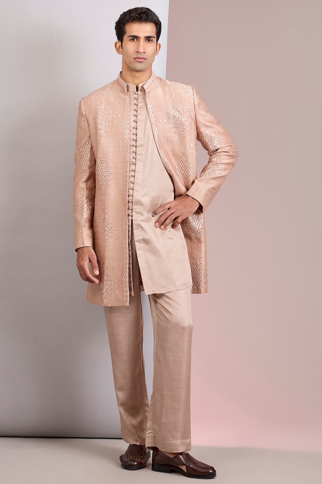 Bohame Champagne Terry Wool Chikankari Indowestern Jacket Set