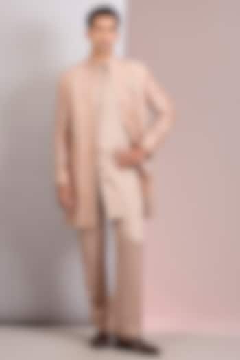 Champagne Terry Wool Chikankari Wedding Indowestern Jacket Set by Bohame Men at Pernia's Pop Up Shop