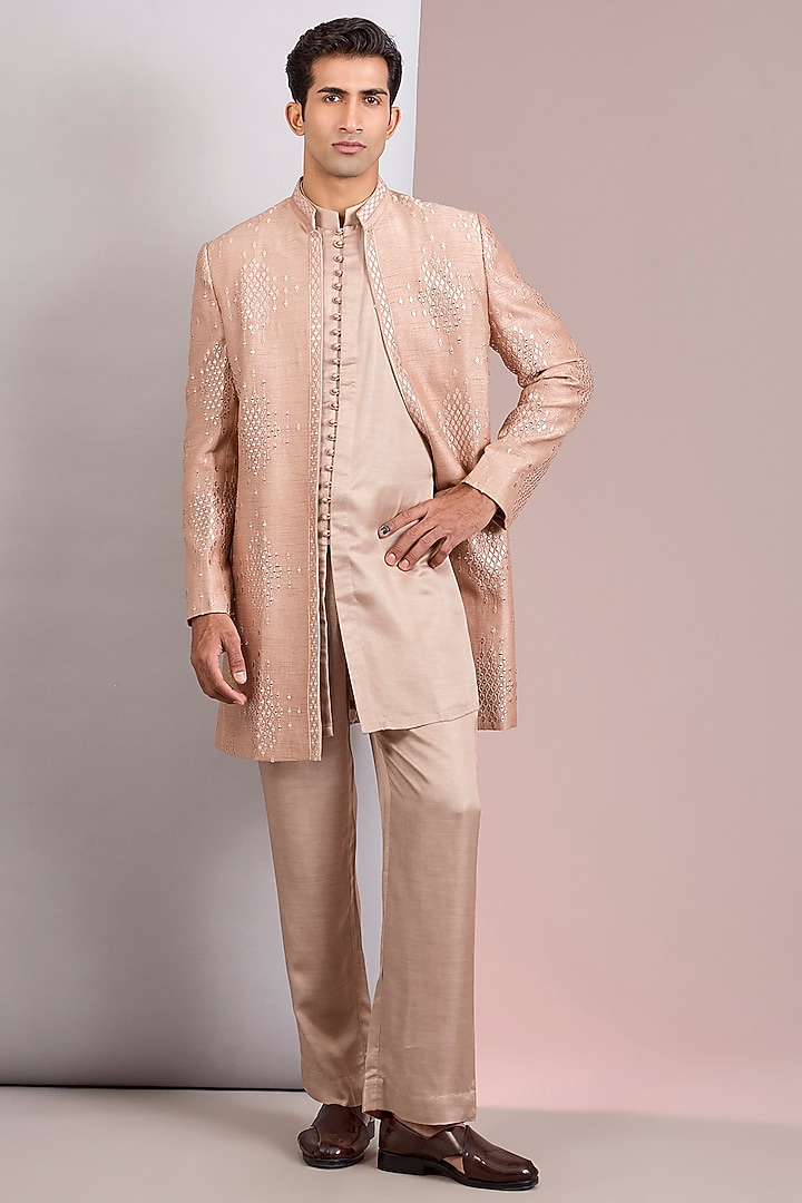 Champagne Terry Wool Chikankari Wedding Indowestern Jacket Set by Bohame Men at Pernia's Pop Up Shop