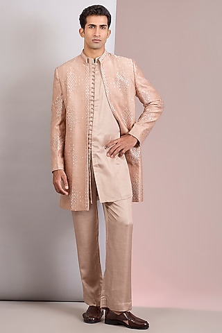 Champagne Terry Wool Chikankari Indowestern Jacket Set by Bohame Men
