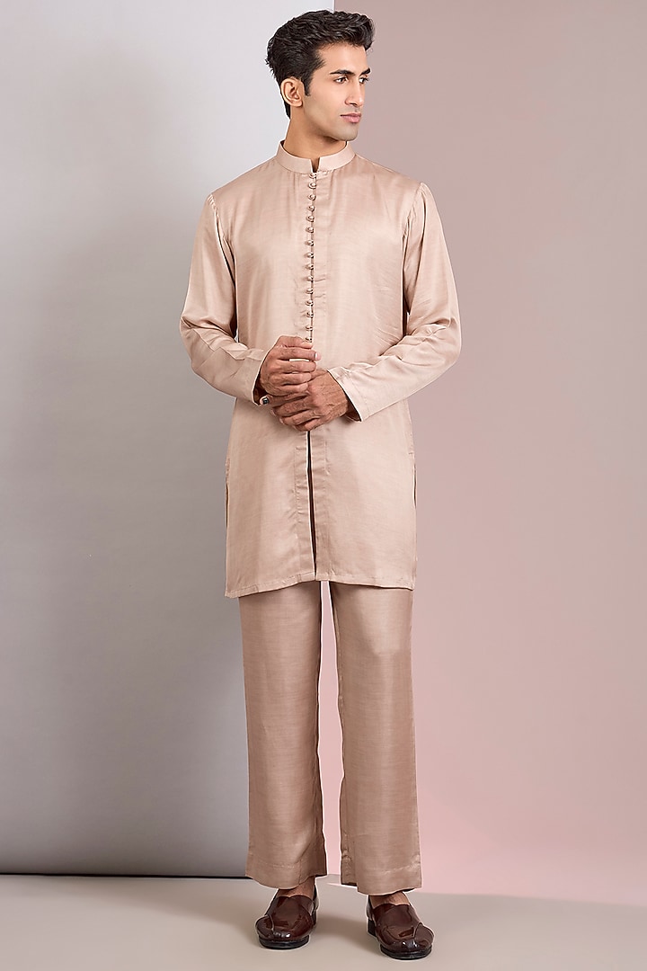Champagne Terry Wool Chikankari Wedding Indowestern Jacket Set by Bohame Men at Pernia's Pop Up Shop